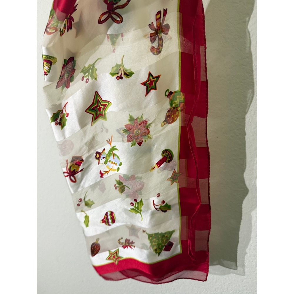 Liz Claiborne Christmas Holiday Snowman Tree Red White Silk Scarf 21x21 - Picture 3 of 5